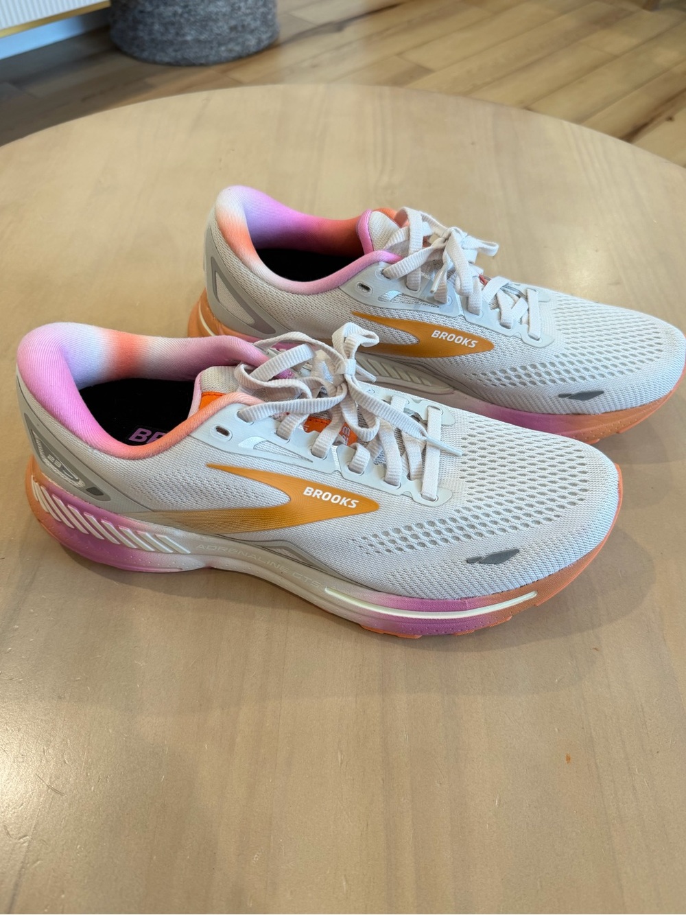 Brooks Women’s White Running Shoes with Orange and Pink Gradient